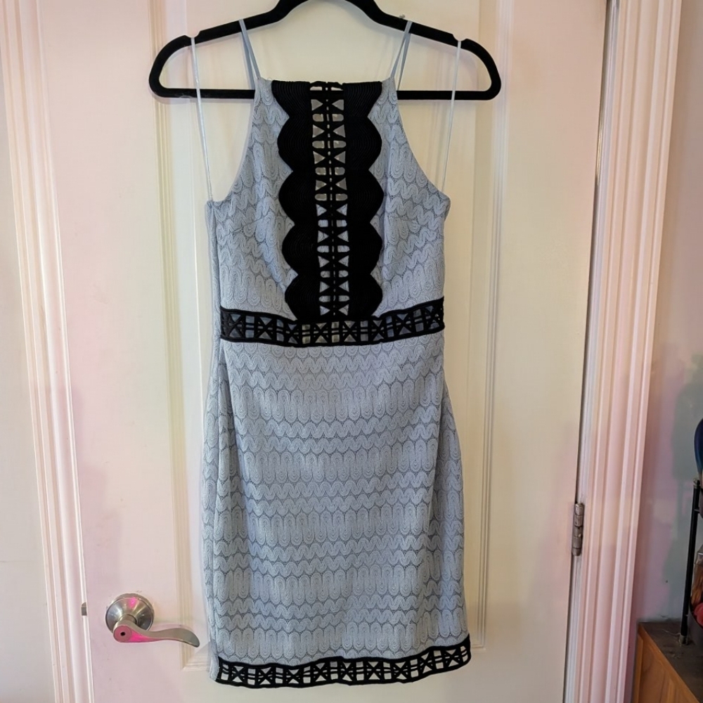 Topshop Light Gray Lace-Texture Mini Dress with Black Trim